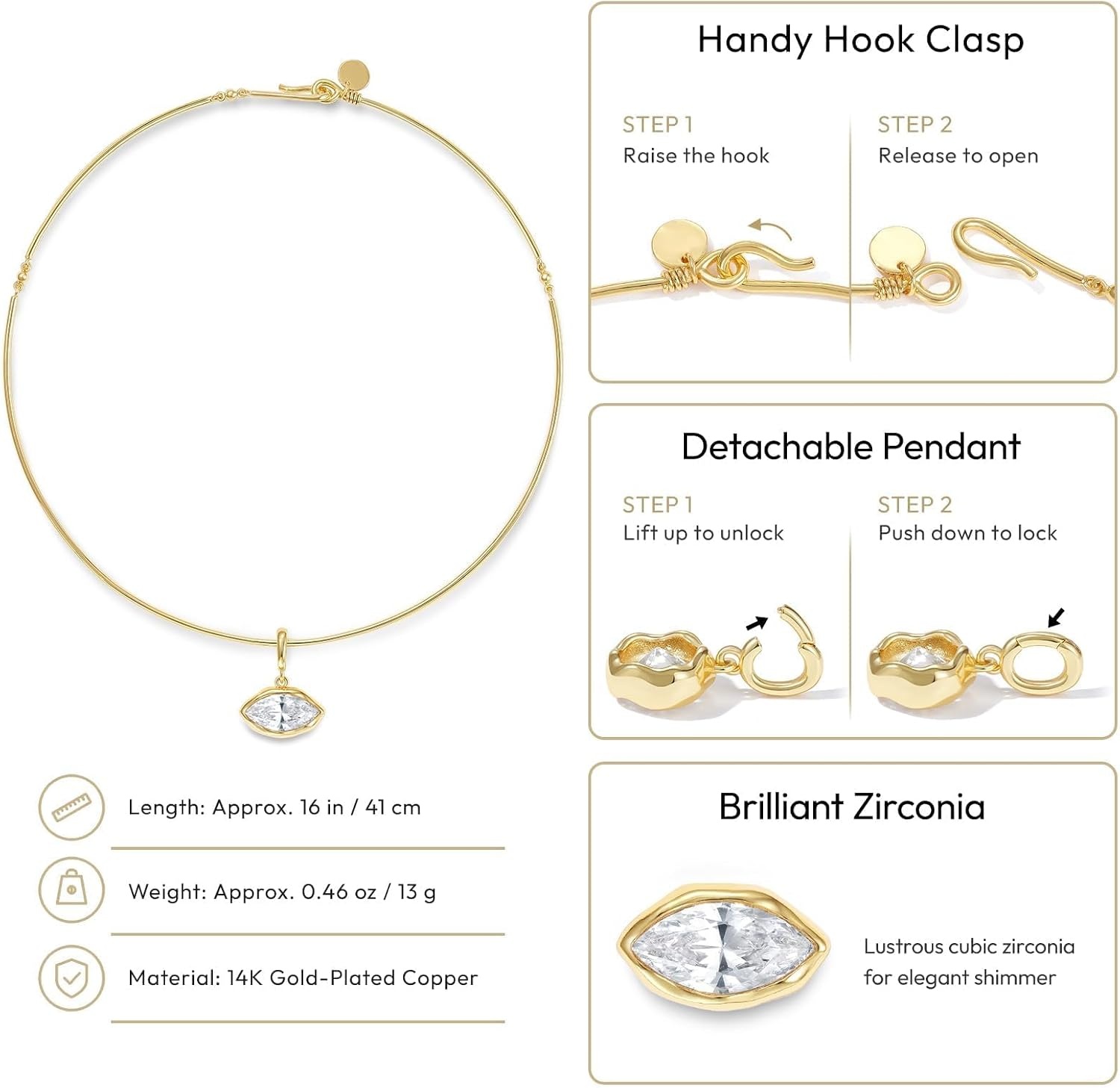 image:imageKissYan Gold Wire Collar Choker Necklace for Women with CZ PendantMarquise