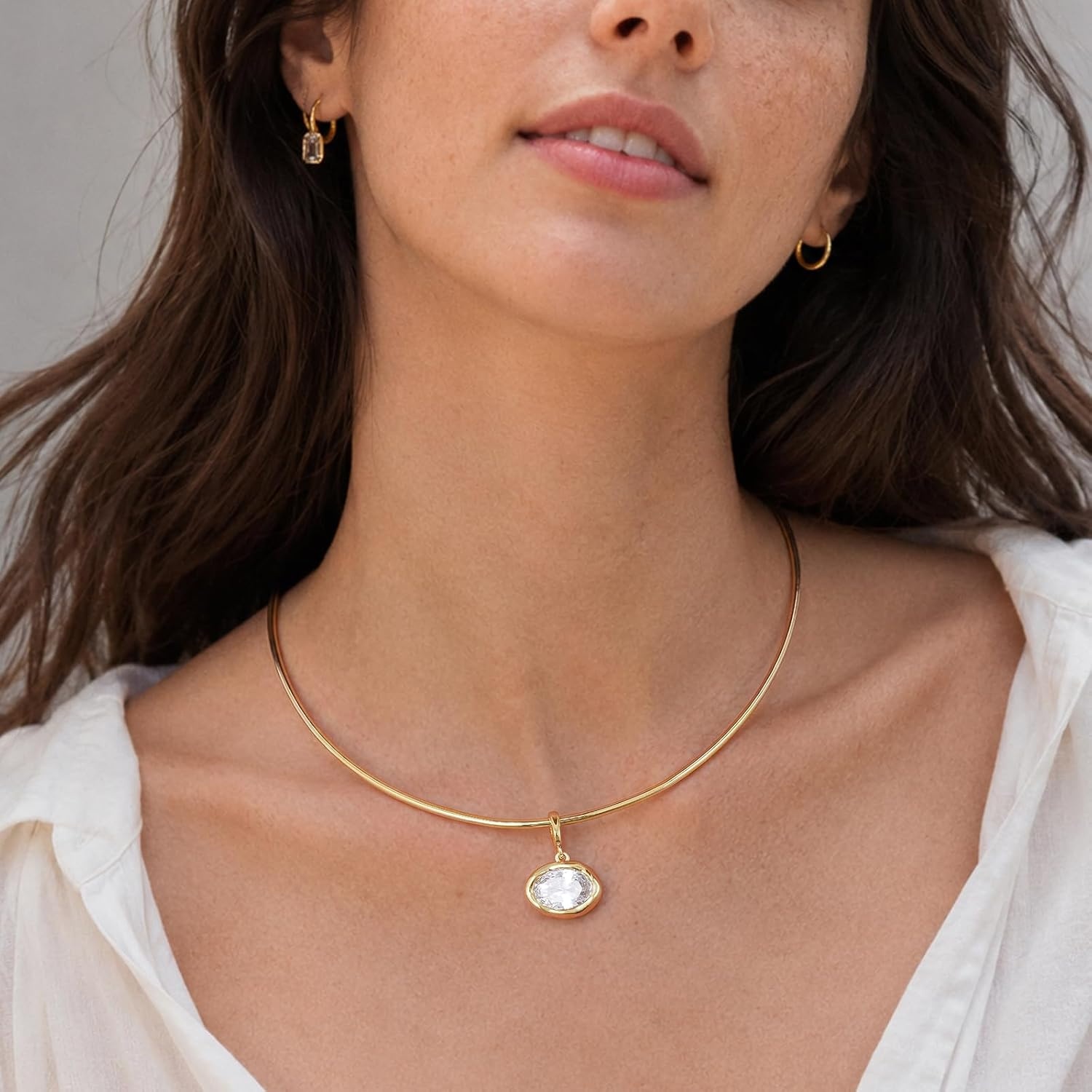 image:imageKissYan Gold Wire Collar Choker Necklace for Women with CZ PendantOval