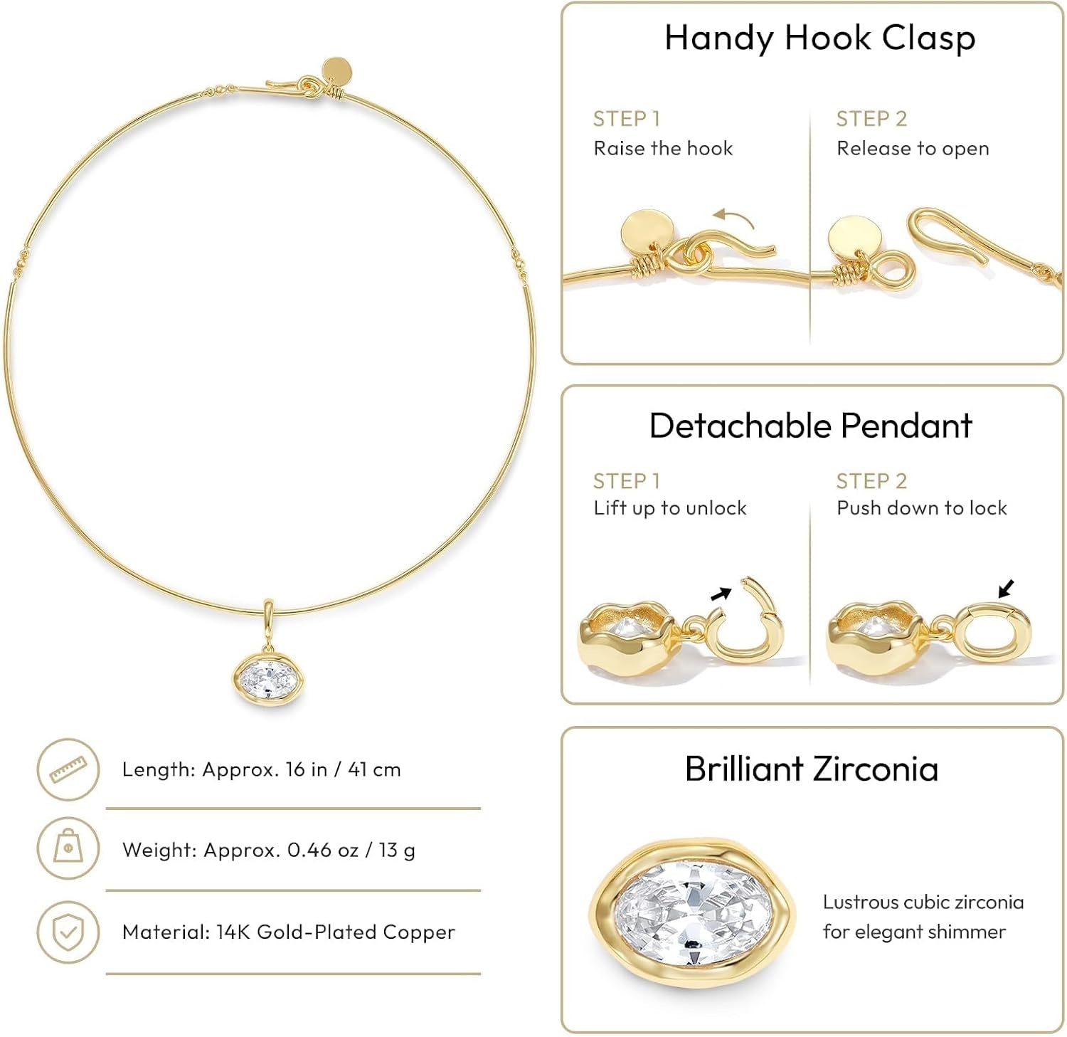 image:imageKissYan Gold Wire Collar Choker Necklace for Women with CZ PendantOval