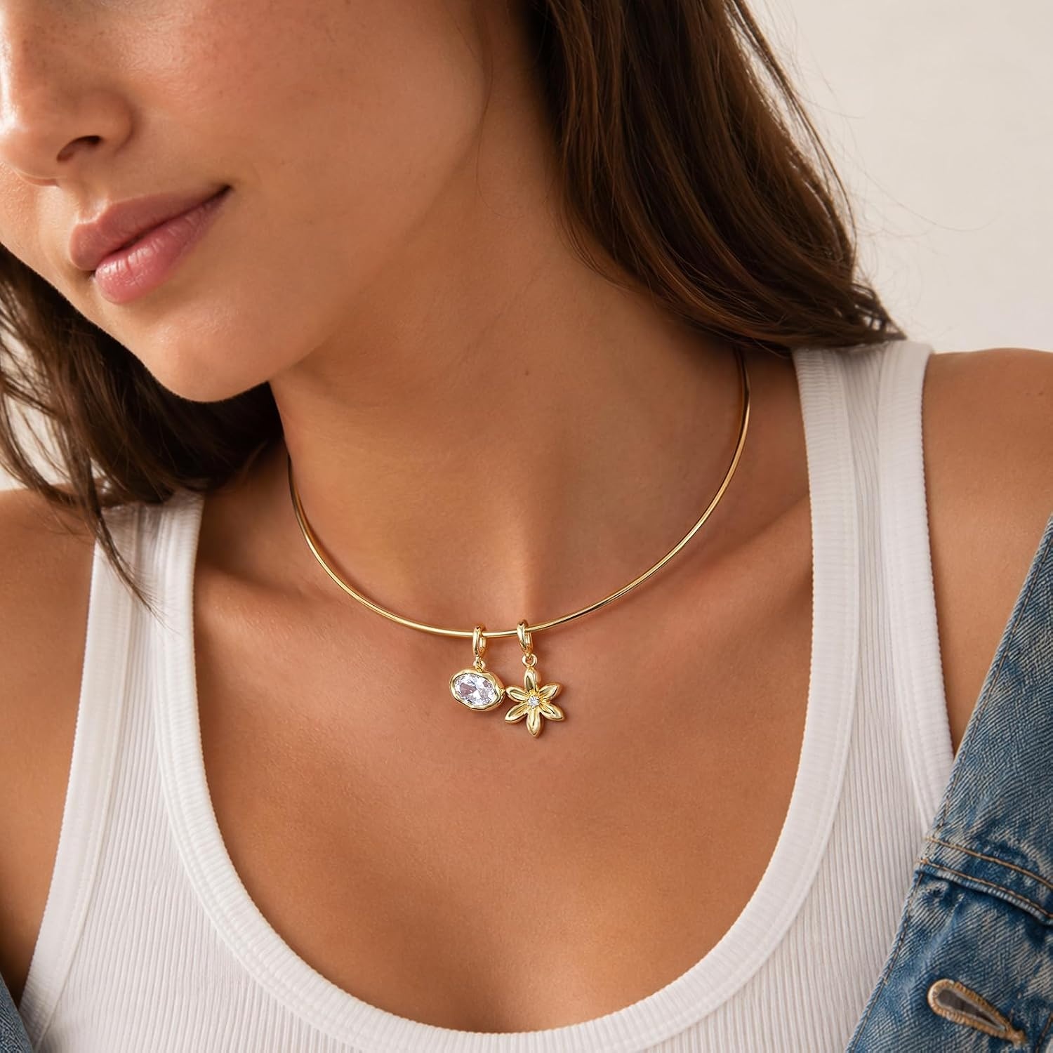 image:imageKissYan Gold Wire Collar Choker Necklace for Women with CZ PendantOval