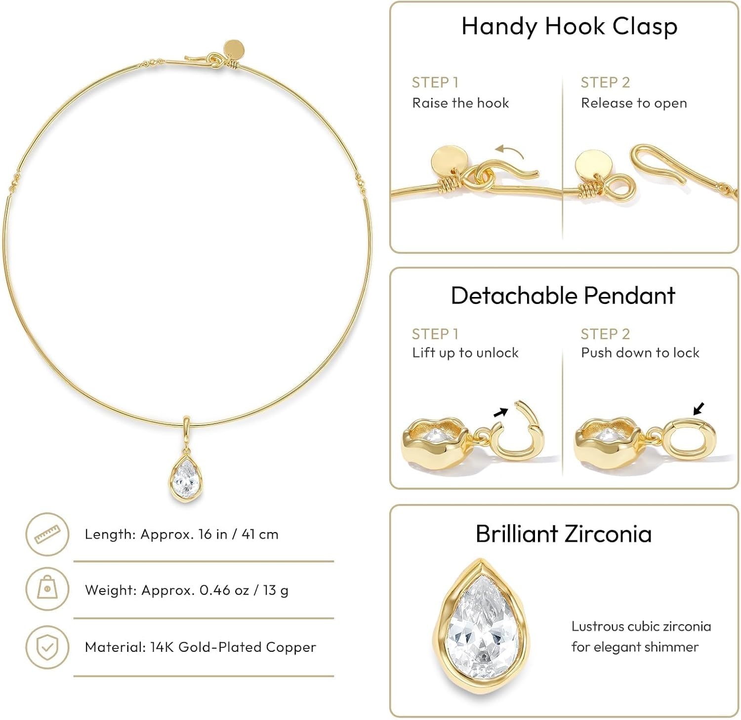 image:imageKissYan Gold Wire Collar Choker Necklace for Women with CZ PendantPear