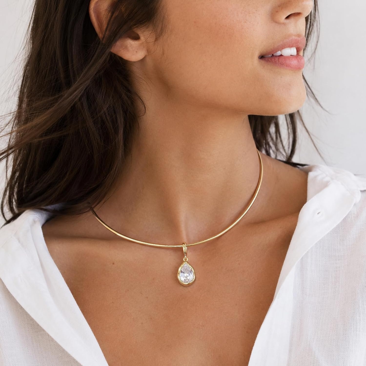 image:imageKissYan Gold Wire Collar Choker Necklace for Women with CZ PendantPear
