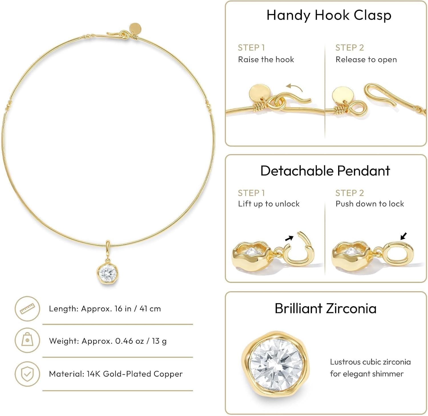 image:imageKissYan Gold Wire Collar Choker Necklace for Women with CZ PendantRound