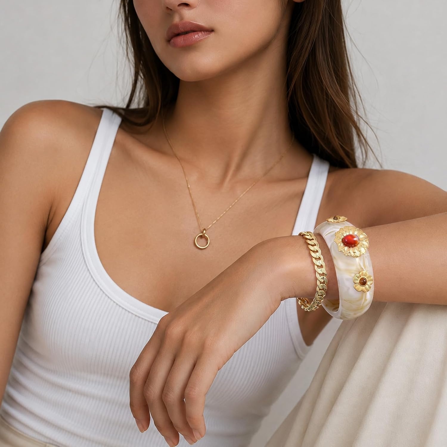 image:imageKissYan Chunky Resin Bangle Bracelet for Women 14K Gold Plated Wide CuffAIvory Closed Bangle