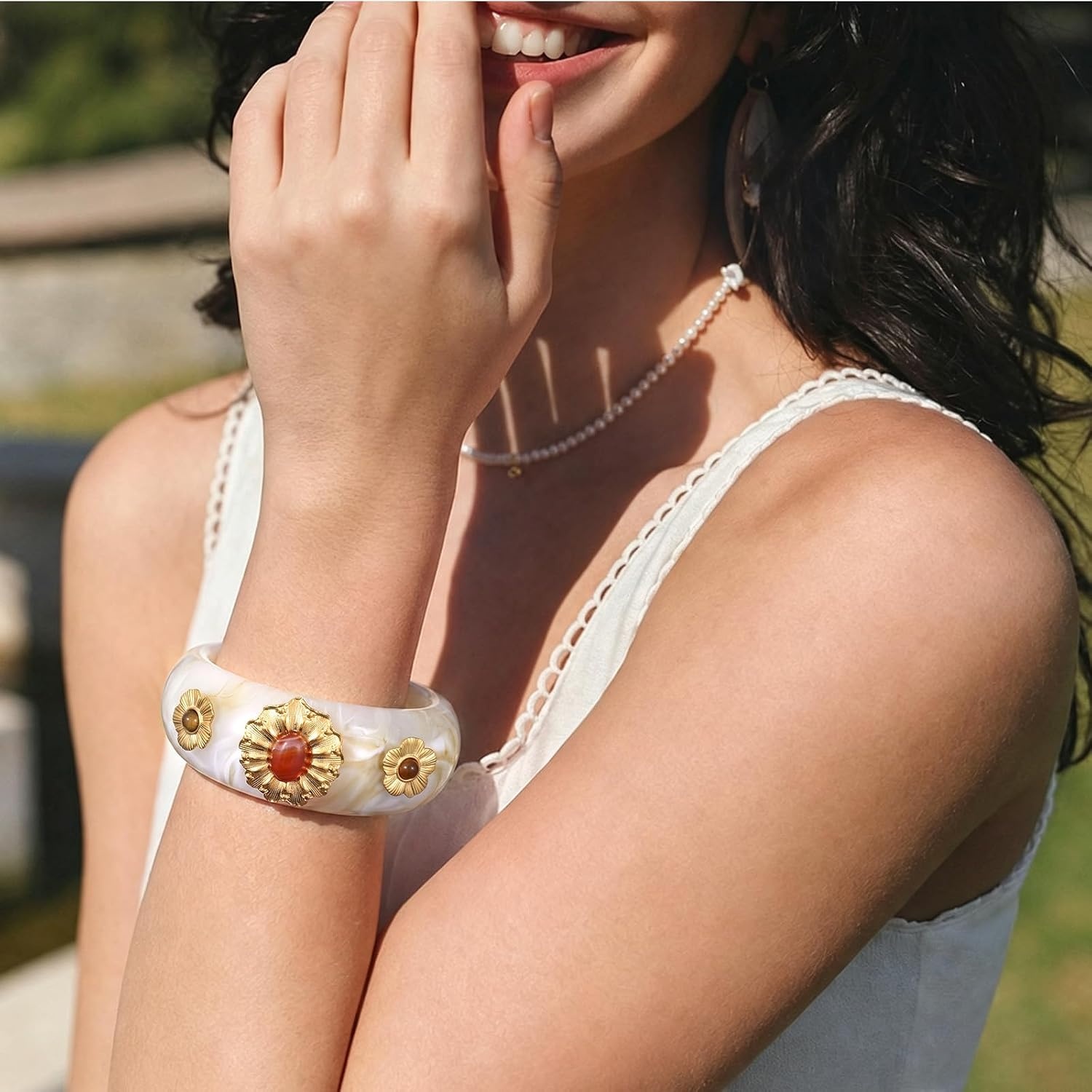 image:imageKissYan Chunky Resin Bangle Bracelet for Women 14K Gold Plated Wide CuffAIvory Closed Bangle