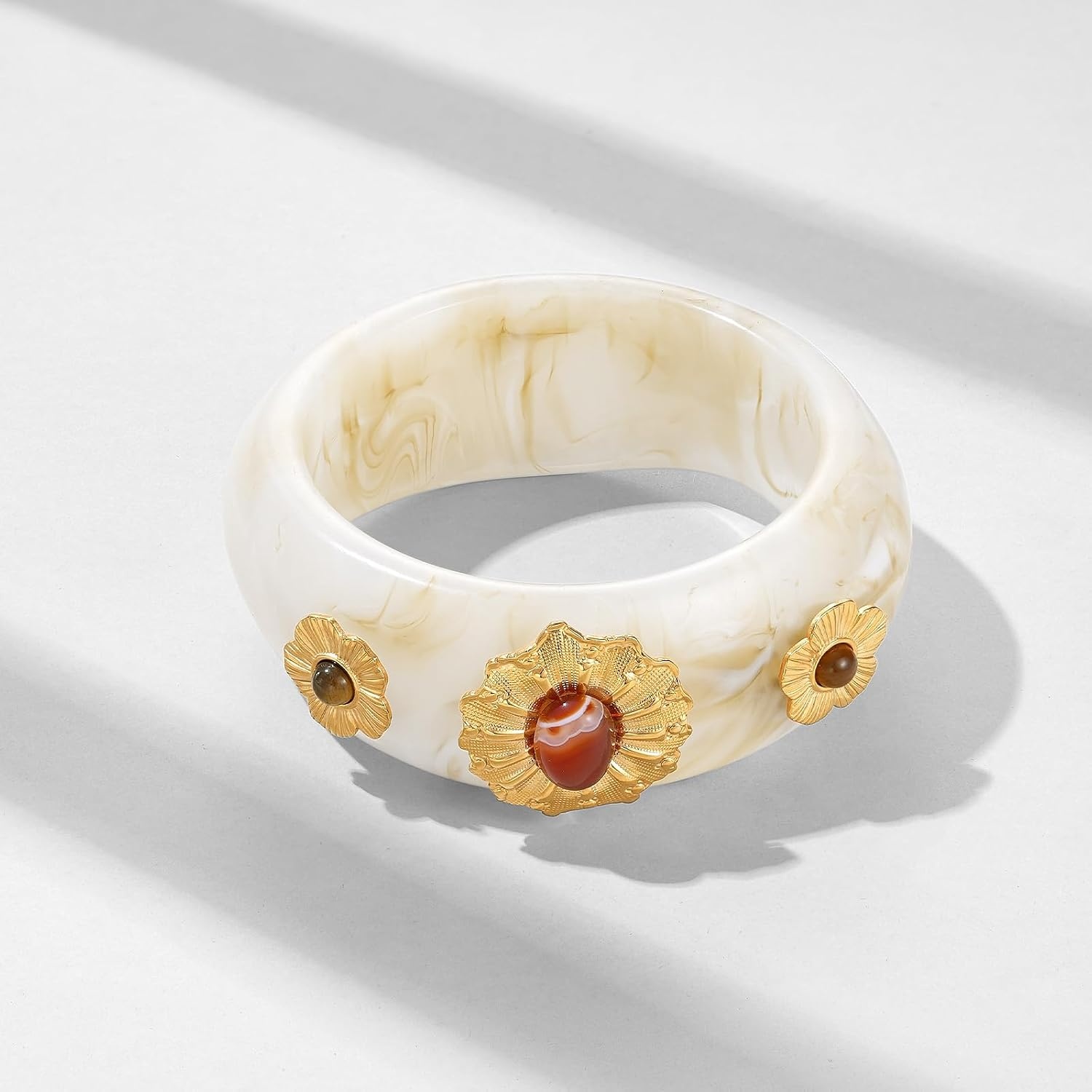image:imageKissYan Chunky Resin Bangle Bracelet for Women 14K Gold Plated Wide CuffAIvory Closed Bangle