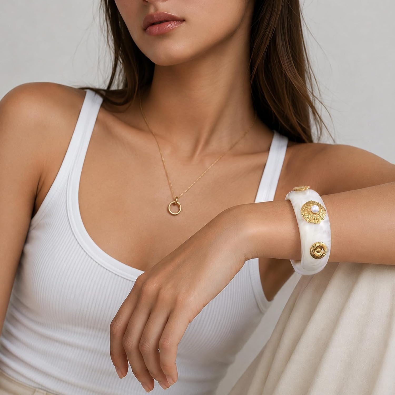 image:imageKissYan Chunky Resin Bangle Bracelet for Women 14K Gold Plated Wide CuffAIvory Open Cuff