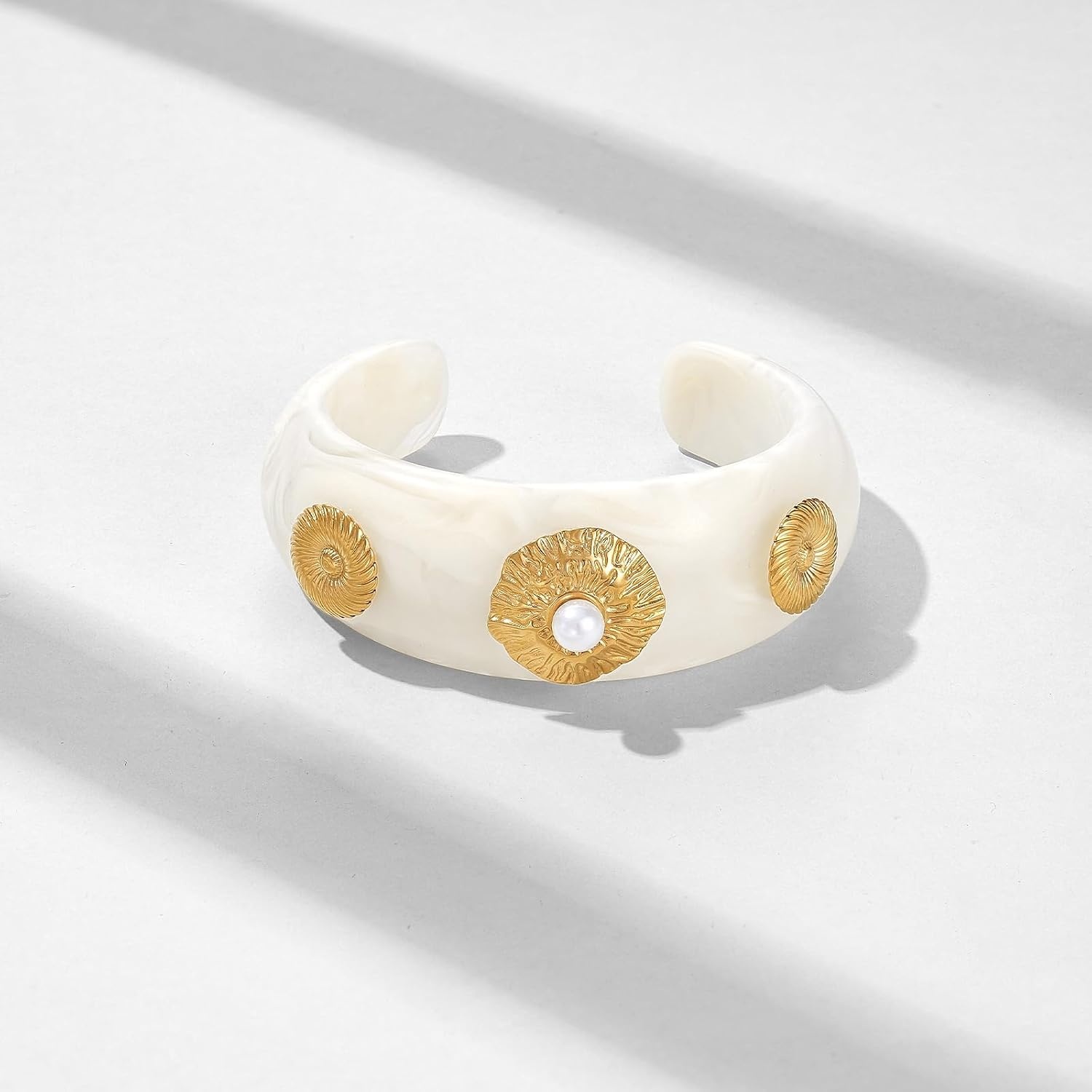 image:imageKissYan Chunky Resin Bangle Bracelet for Women 14K Gold Plated Wide CuffAIvory Open Cuff