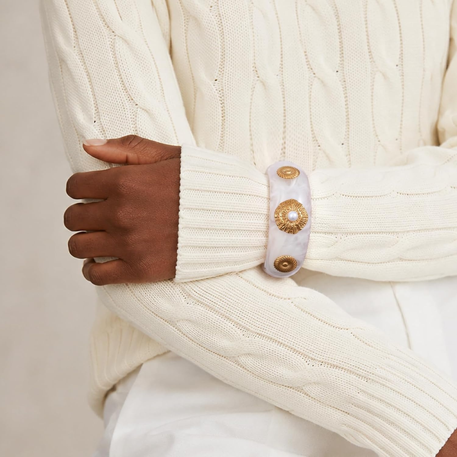image:imageKissYan Chunky Resin Bangle Bracelet for Women 14K Gold Plated Wide CuffAIvory Open Cuff