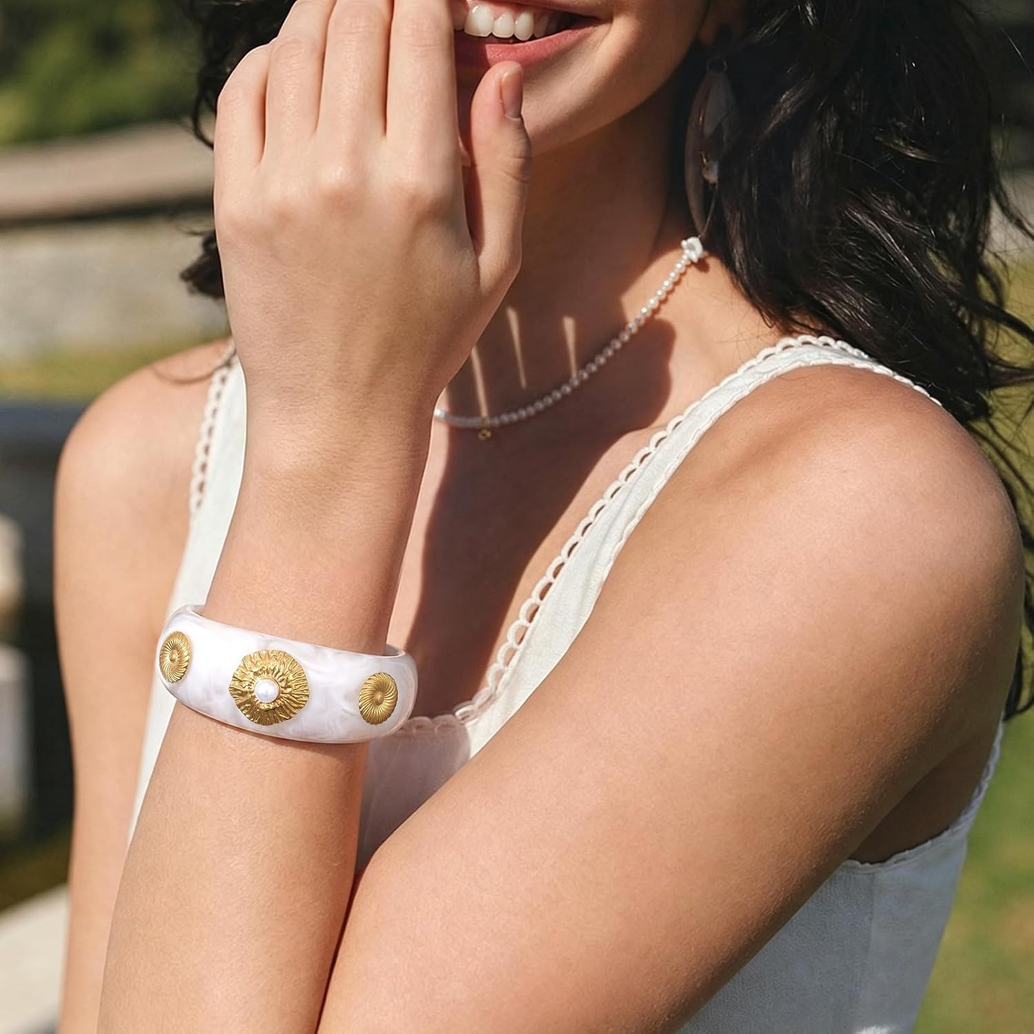 image:imageKissYan Chunky Resin Bangle Bracelet for Women 14K Gold Plated Wide CuffAIvory Open Cuff