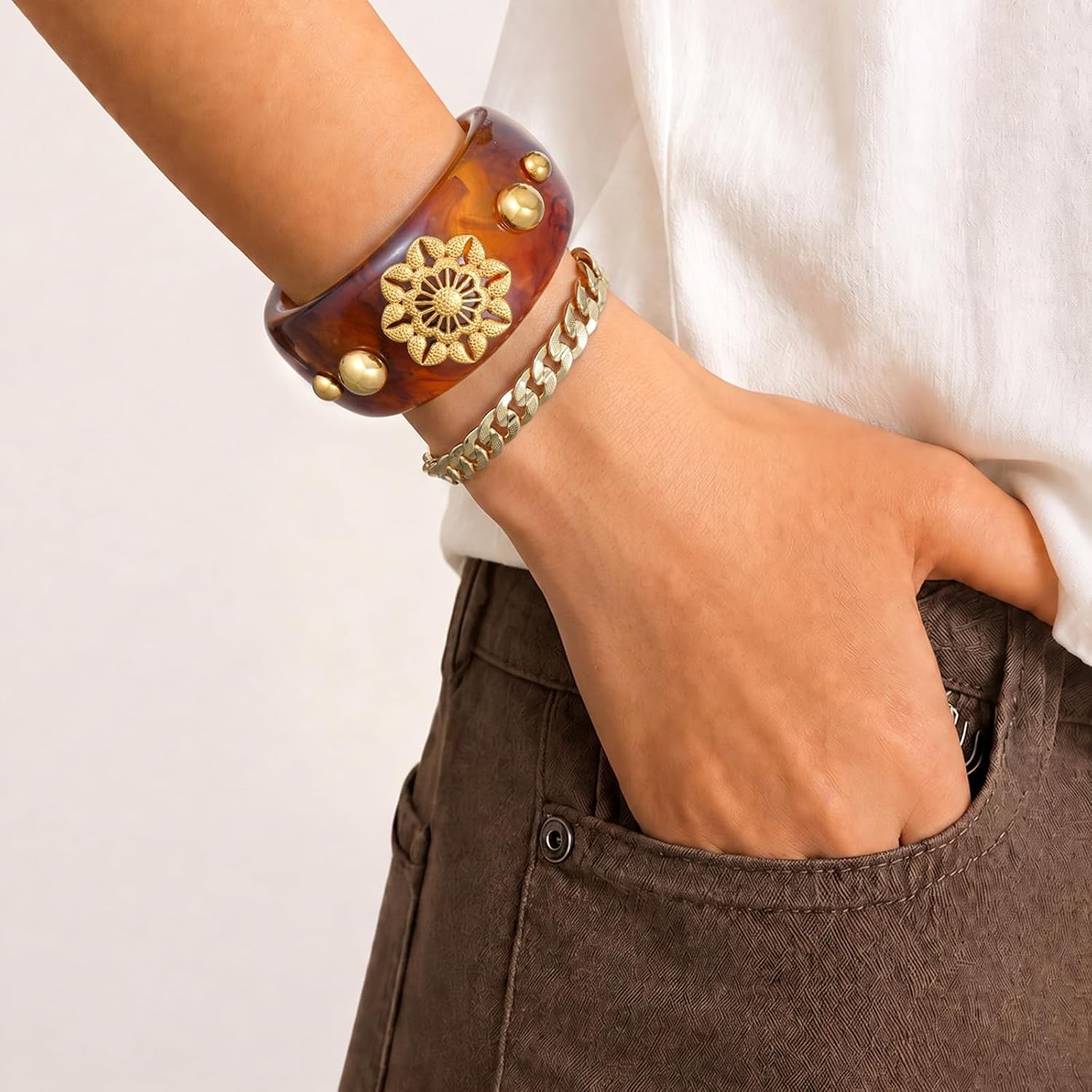 image:imageKissYan Chunky Resin Bangle Bracelet for Women 14K Gold Plated Wide CuffATortoise Closed Bangle