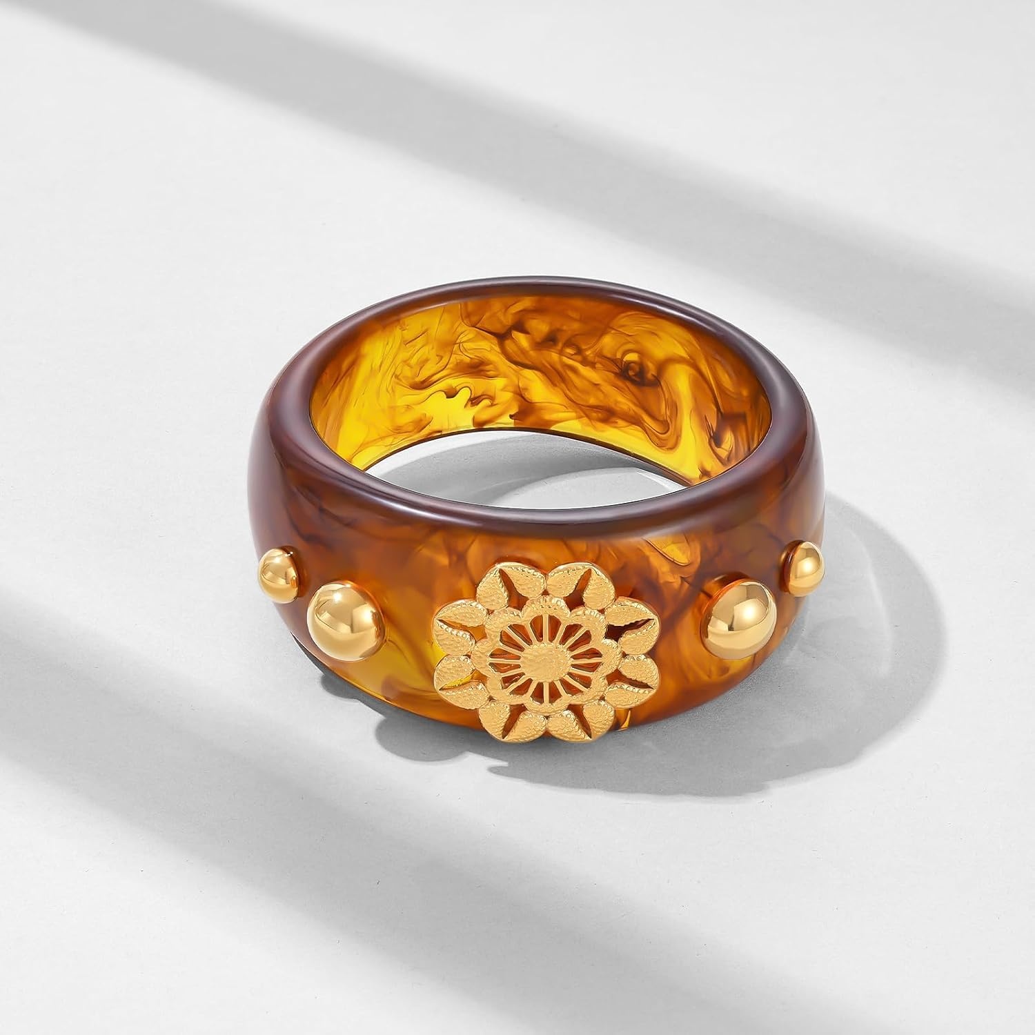 image:imageKissYan Chunky Resin Bangle Bracelet for Women 14K Gold Plated Wide CuffATortoise Closed Bangle