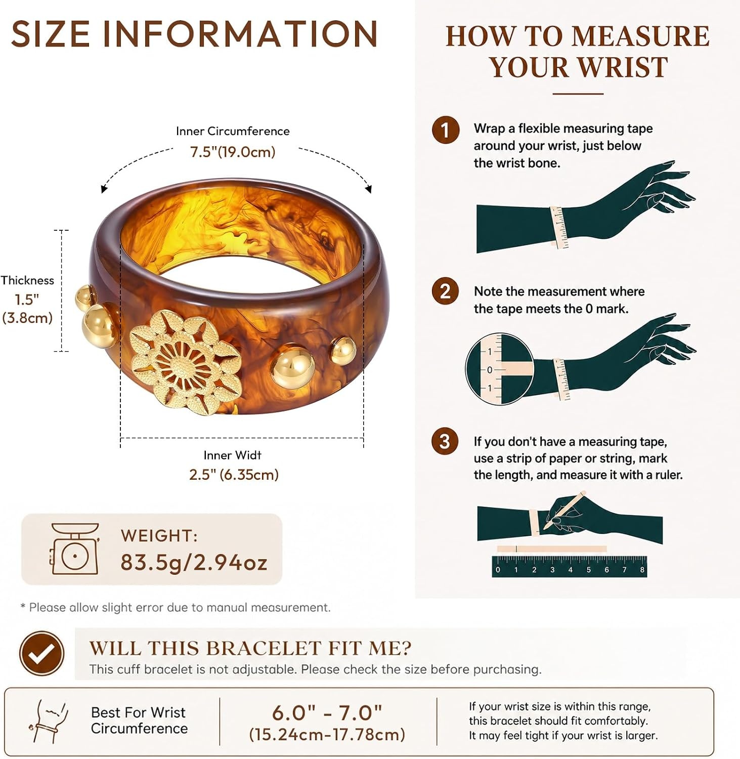 image:imageKissYan Chunky Resin Bangle Bracelet for Women 14K Gold Plated Wide CuffATortoise Closed Bangle