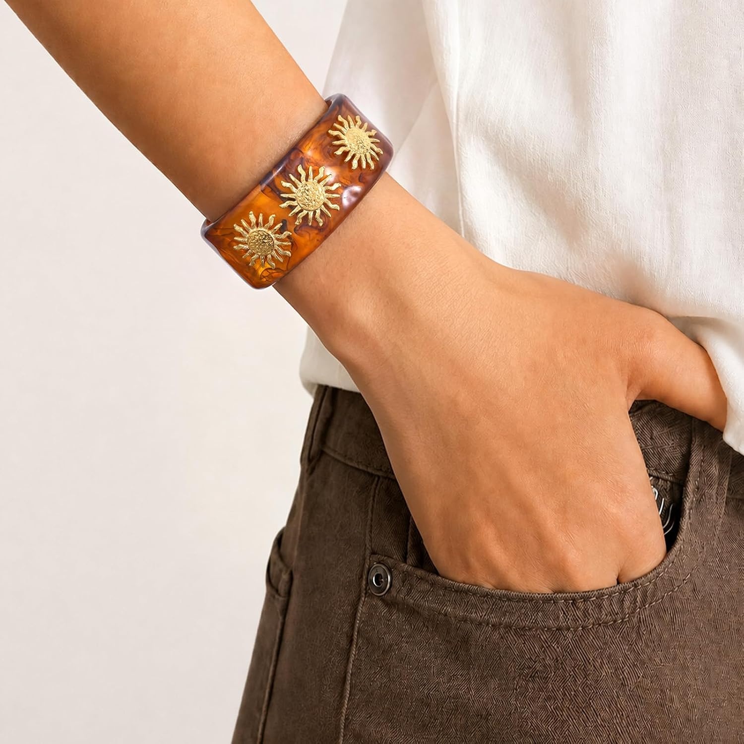 image:imageKissYan Chunky Resin Bangle Bracelet for Women 14K Gold Plated Wide CuffATortoise Open Cuff