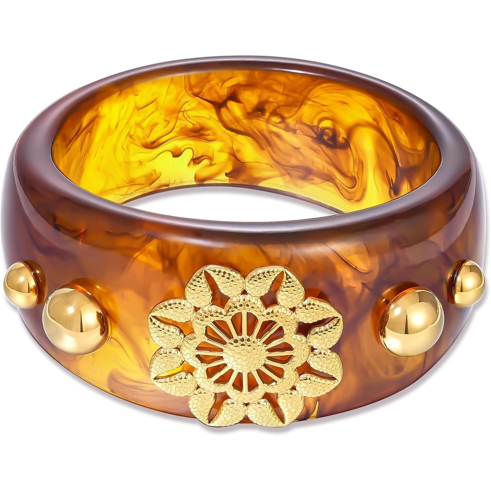 image:imageKissYan Chunky Resin Bangle Bracelet for Women 14K Gold Plated Wide CuffATortoise Closed Bangle