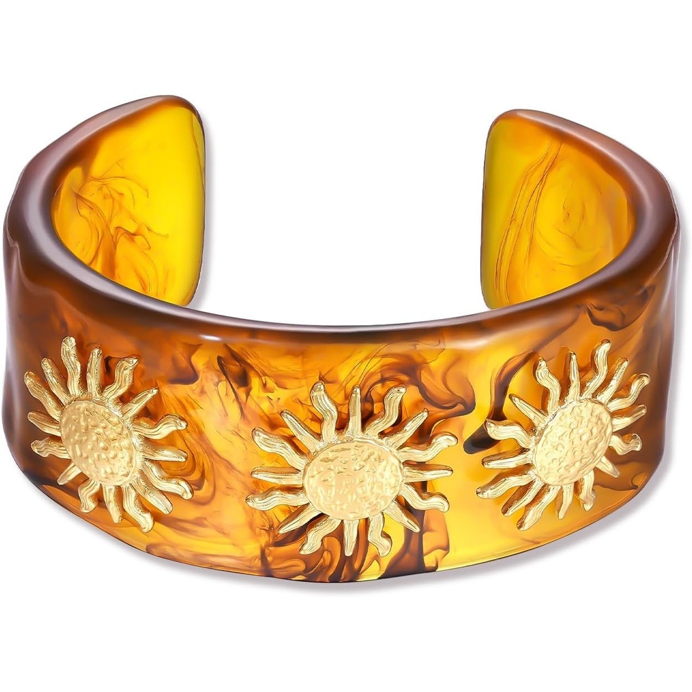 image:imageKissYan Chunky Resin Bangle Bracelet for Women 14K Gold Plated Wide CuffATortoise Open Cuff