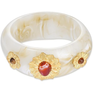 KissYan Chunky Resin Bangle Bracelet for Women, 14K Gold Plated Wide Cuff(A-Ivory Closed Bangle)