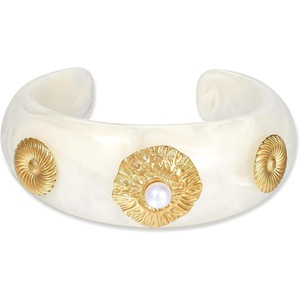 KissYan Chunky Resin Bangle Bracelet for Women, 14K Gold Plated Wide Cuff(A-Ivory Open Cuff)