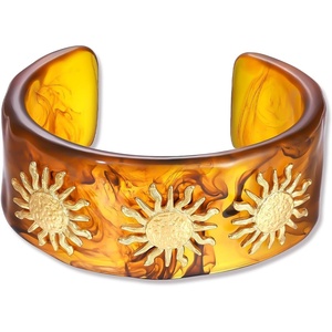 KissYan Chunky Resin Bangle Bracelet for Women, 14K Gold Plated Wide Cuff(A-Tortoise Open Cuff)